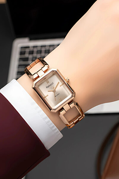 Ferrucci ساعة يد نسائية بسوار فولاذي وهيكل فولاذي روز sdfer187