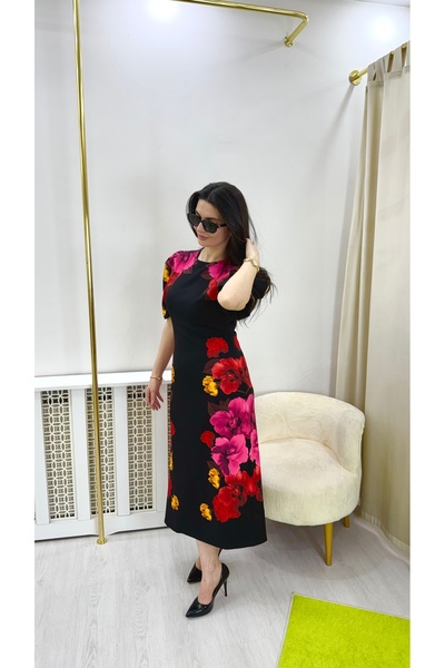 Butik Siyah kırmızı pembe sarı çiçek basklı balon kol uzun elbise