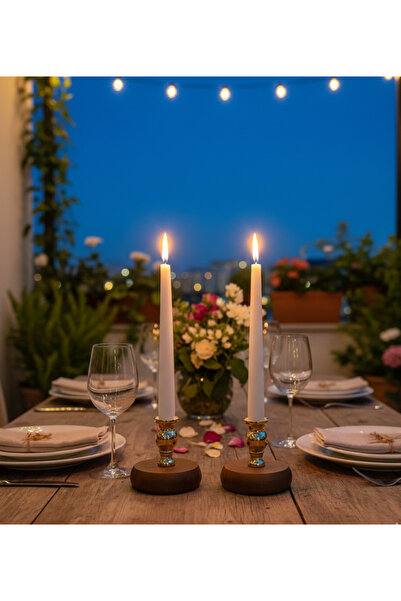 Decodelight Kahverengi Ahşap Ayaklı Ve Gold Desenli İkili Mumluk Seti Modelleri