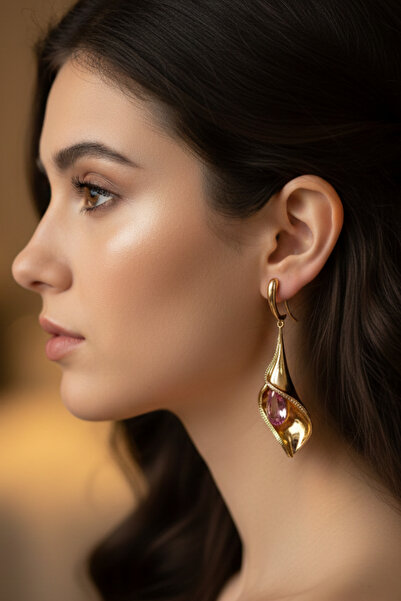 PETEK AKSESUAR أقراط متدلية على شكل زهرة التوليب مرصعة بالأحجار