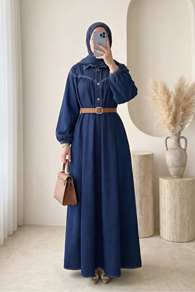 Modamorfo Yarım Düğmeli Kolu Lastikli Kemerli Kot Elbise -Laci