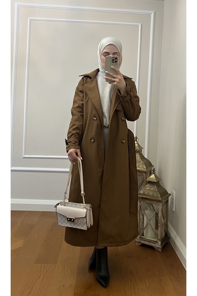 Esre Store 999 Kemerli Tesettür Trençkot Taba