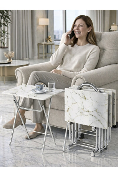 Boboco 4'lü Katlanır Cam Beyaz Mermer Desen Gold Detay Çanta Zigon Sehpa Krom...