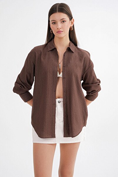 Mixray 4674 Cămașă de bază drapată cu dungi pentru femei, maro