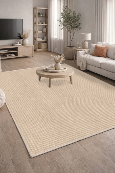 CENTER AVM Krem Halı Salon Halısı Makinede Yıkanabilir Halı Kaymaz Taban Halı