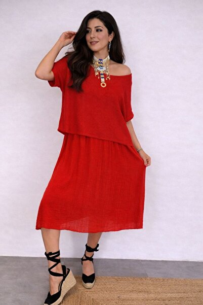 AGORATEKSTİL Kadın İtalyan Fileli Keten Elbise