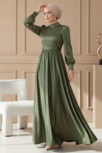 Bestenur Хакі Сатен Вечірня сукня - з поясом, модель 1136