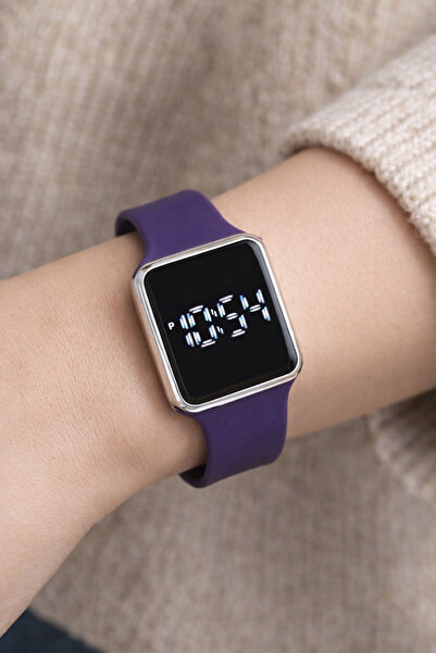 sonsuzsaat Mor Renk Silikon Kordonlu Gümüş Kasa Led Dokunmatik Unisex Modern ...