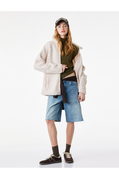 Koton Long Sleeve Stand Collar Pocket Detailed Zippered Oversize Plush Jacket