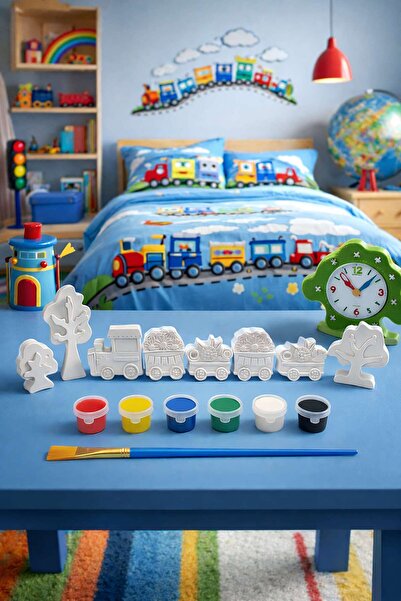 Atölye yüksel Mini Taş Tren Seti = 8 Taş + 6 Renk Boya + 1 Fırça