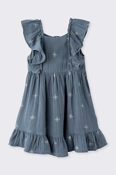Panço Kız Çocuk Fırfır Detaylı Müslin İndigo Elbise