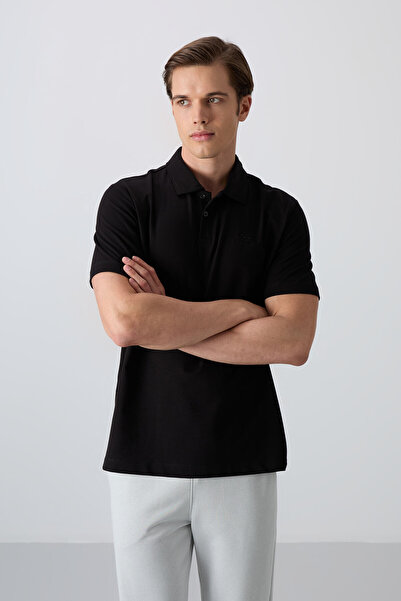 TOMMY LIFE Black Cotton Thick Soft Textured Standard Fit Basic Polo Collar Me...