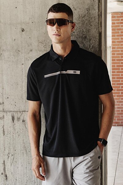 TOMMY LIFE Black Breathable Textured Slim Flexible Standard Fit Polo Neck Men...