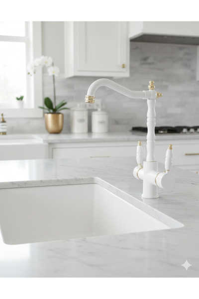FAUMIX Rustik Beyaz Gold Renkli 3 Yollu ( Arıtma-sıcak-soğuk Su Girişli) 2 Yı...
