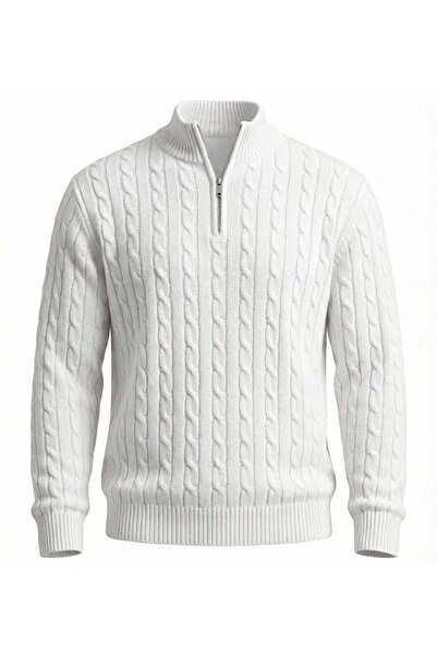 Valiberta Pulover pentru bărbați Bardem, tricotat cu jumătate de fermoar - Ecru