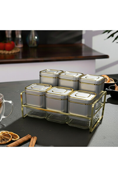 Evren 6 Parça Kare Vakum Kapaklı Cam Baharatlık Seti ve Metal Stant, Baharat ...
