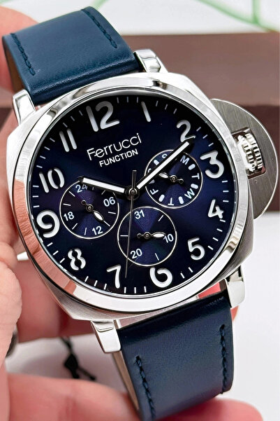 Ferrucci Lacivert Deri Kordon Function Erkek Kol Saati 3atm Bileklik Hediyeli...