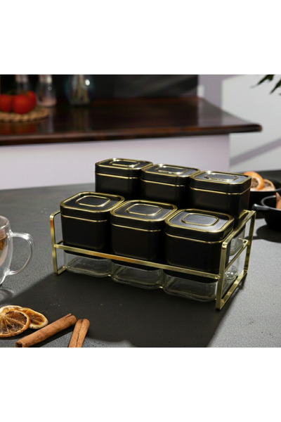 Evren 6 Parça Kare Vakum Kapaklı Cam Baharatlık Seti ve Metal Stant, Baharat ...