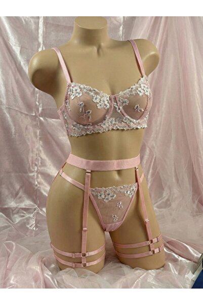 Amelia Paris Lingerie Pembe Papatya Desenli Brode Balenli Kapsız 3 Parça Iç Ç...