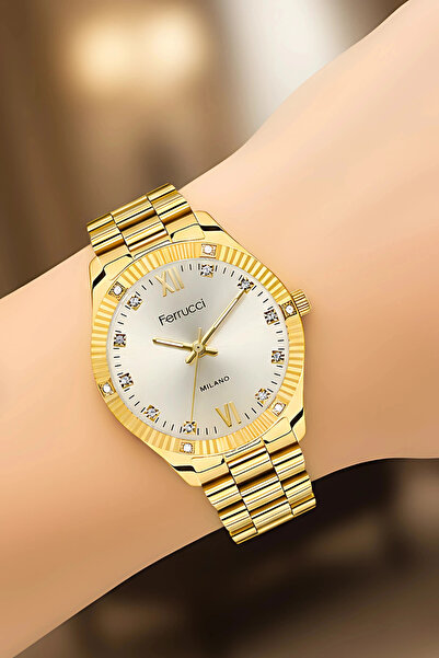 Ferrucci ساعة يد نسائية بسوار فولاذي وهيكل فولاذي ذهبي sdfer188