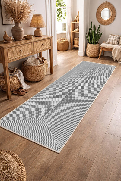 CENTER AVM Gri Halı Yolluk Makinede Yıkanabilir Halı Kaymaz Taban Halı