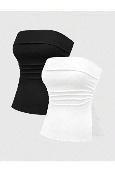 EVOA Women's 2-Piece Strapless Slit Detailed Draped Bustier Blouse