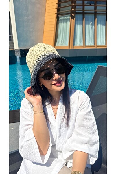 Luminos Butik قبعة من القش باللون البيج والأسود - محبوكة للنساء HSR2072