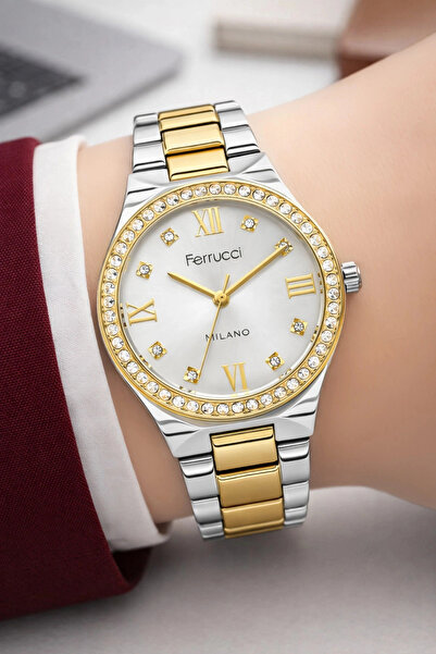 Ferrucci Steel Cord Stone Steel Case Women Wrist Watch Silver-Gold Sdfer192