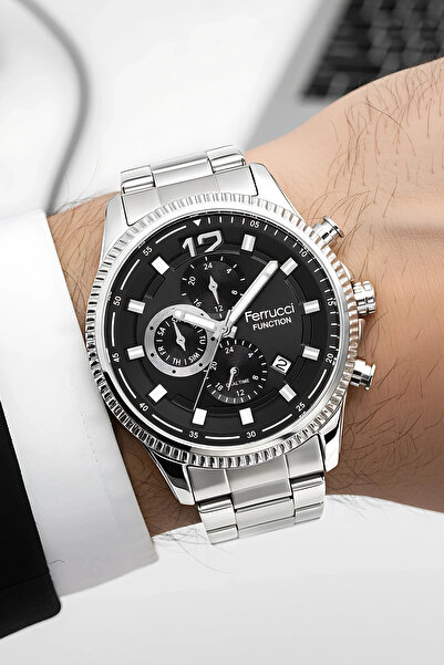 Ferrucci Function Erkek Kol Saati Çelik Kordon Gümüş-Siyah Bileklik Hediyeli ...
