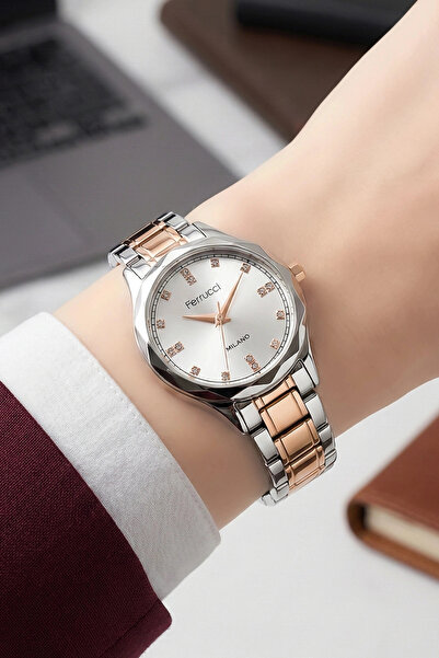 Ferrucci Steel Cord Steel Case Women Wrist Watch Silver-Rose Sdfer191