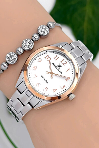 Daniel Klein Women's Wristwatch Silver-Rose Color Steel Band & Case Sddk089