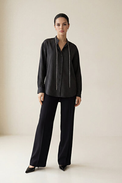 Setre Black Striped Long Sleeve Shirt with Accessory Detail on the Collar
