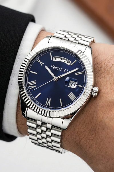 Ferrucci Men's Wristwatch with Calendar Steel Jubilee Band Silver-Blue Bracel...