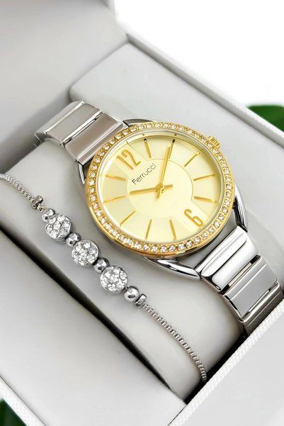 Ferrucci Steel Cord & Case Women Wrist Watch, 3Atm Water Resistant Silver-Gold Sdfer172