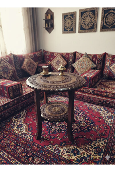 DNC Art&Deco El Oyması Masif Ahşap 2 Katlı Osmanlı Sehpa - Pirinç Kakmalı Ant...