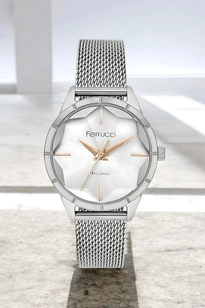 Ferrucci Stylish Steel Case and Mesh Cord, Women's Wristwatch, Original Silve...