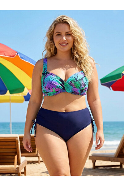 hazelin Women's Navy Blue Turquoise Patterned Lined Plus Size Bikini Set Hzl2...