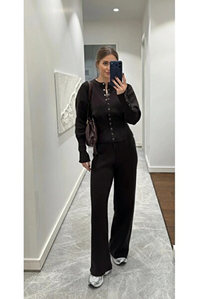 My Blog طقم تريكو بأزرار كبس بلون القهوة الحارة - 904