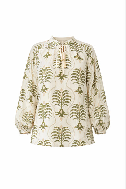 Setre Krem Desenli Bağlama Detaylı Uzun Kollu Rahat Kesim Bluz