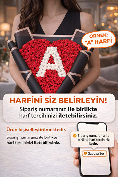Salish Kişiye Özel Harf Tasarımlı Kalp Gül Buketi – İstenilen Harfli, Şık Siy...