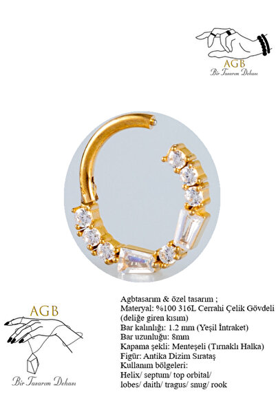 AGB SIRA TAŞ DETAYLI "septum, Nose, Helix" "Burun, Kıkırdak" Menteşeli Halka ...