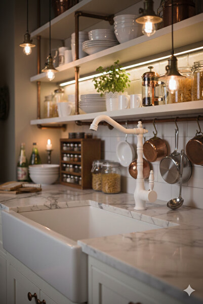 FAUMIX Rustik Model Sıcal Soğuk Su Girişli Döner Borulu 2 Yıl Garantili Beyaz...