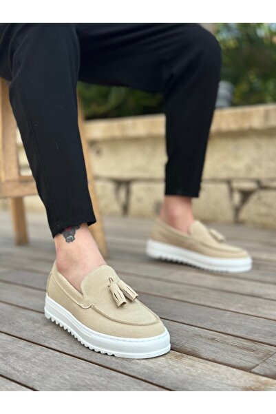 BOA BA0154 حذاء رجالي كتان - نعل عالي، بدون أربطة، لون كريمي مزين بشراشيب