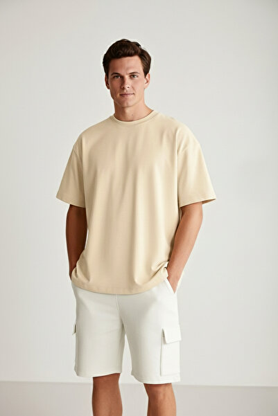 GUARAZ Мъжки крем овърсайз велосипедна яка 100% органичен памук гладка базова...