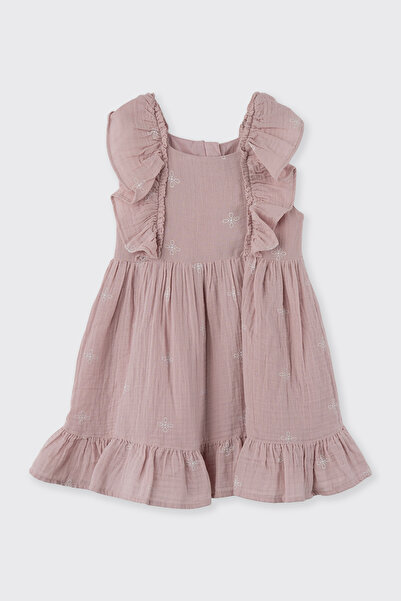 Panço Kız Çocuk Fırfır Detaylı Müslin Pembe Elbise