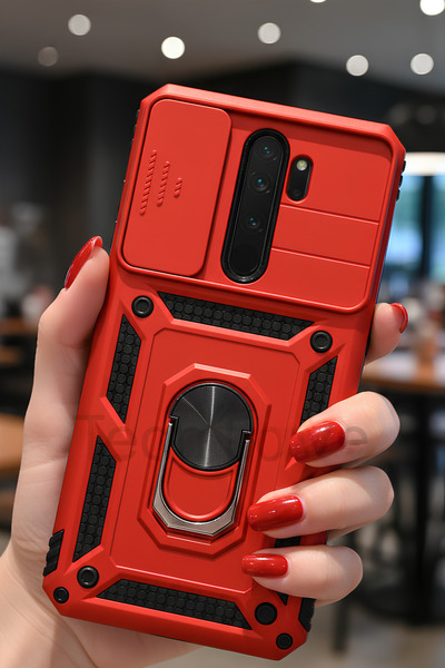 TechTrove Redmi Note 8 Pro Kılıf Sürgülü Kamera Korumalı Yüzüklü Stand Olabil...