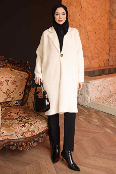 İmajButik Κρεμ ζακέτα με ένα κουμπί από μαλακό πλεκτό ανγκόρα