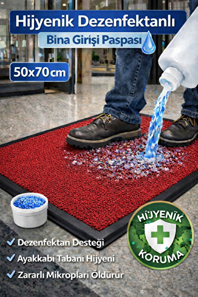AKSEREN Kapı Önü Kırmızı Dezenfektan Havuzlu Kıvırcık Kauçuk Hijyen Paspas 45x70
