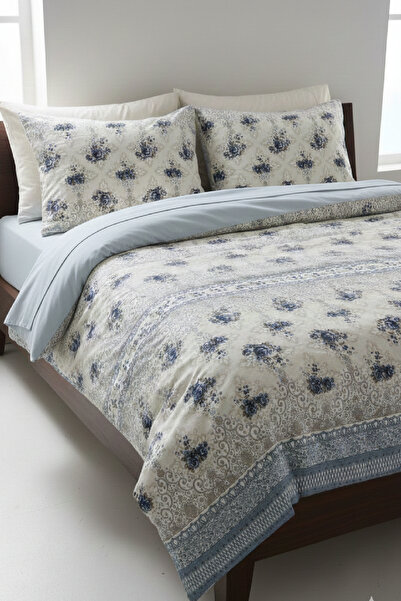 LaLiva Set de lenjerie de pat dublu cu flori albastre - Cearșaf cu elastic