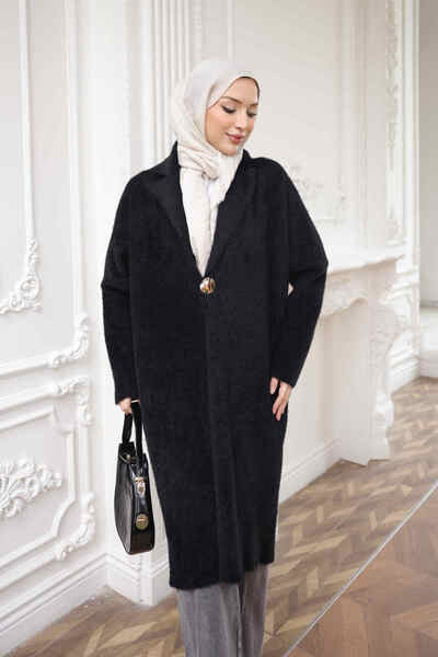 İmajButik Black Single Button Angora Soft Knit Cardigan
